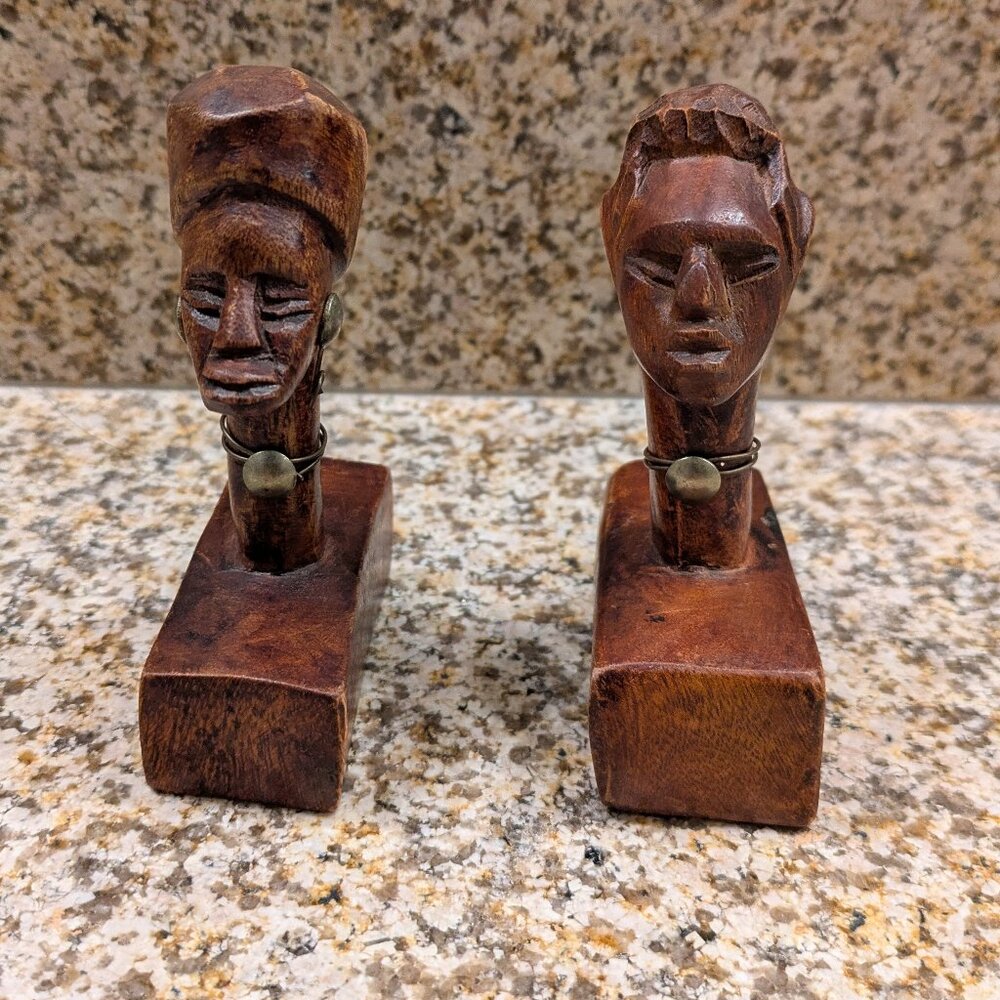 Pair of Vintage Hand Carved African People Wooden Sculptures